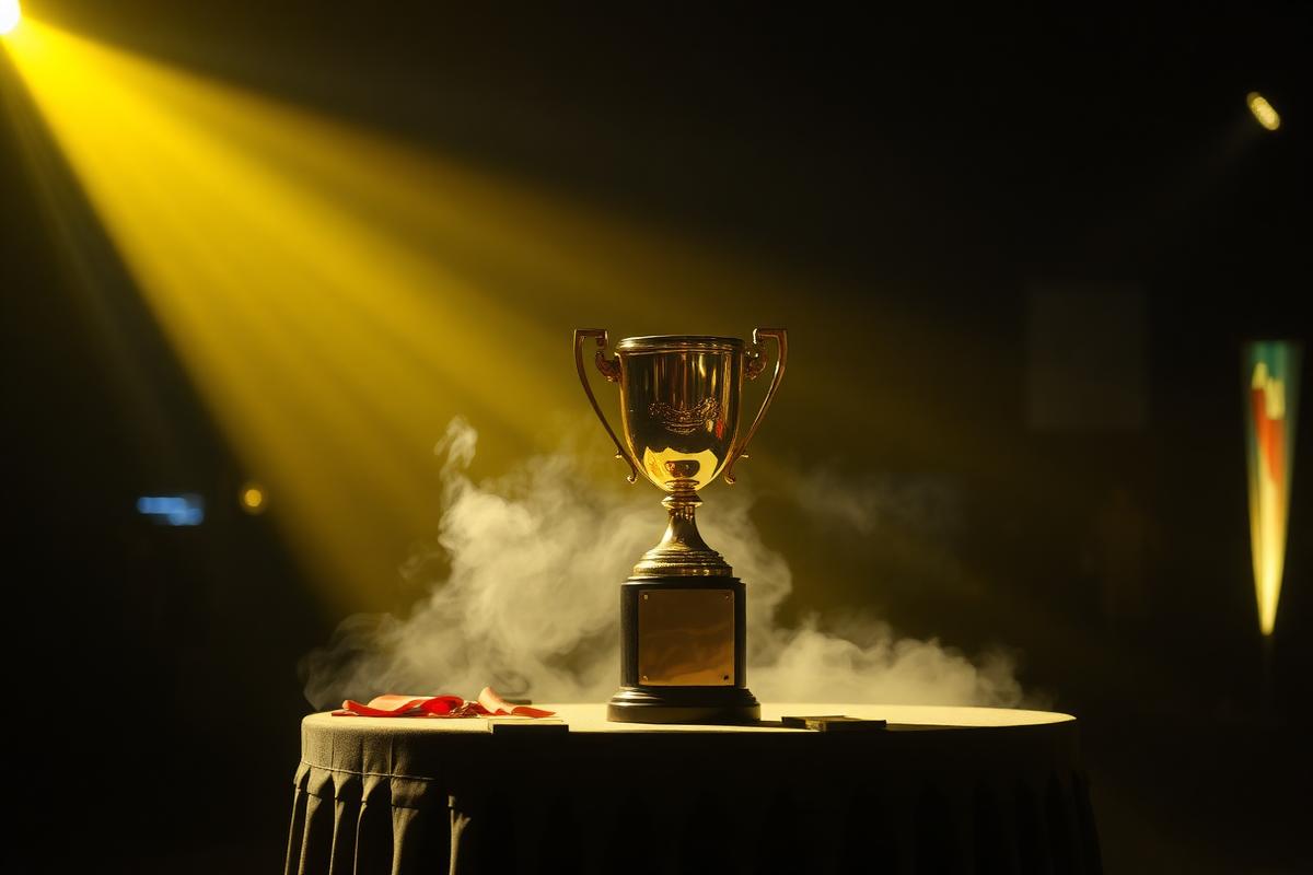 Trofeo y premios iluminados en el escenario