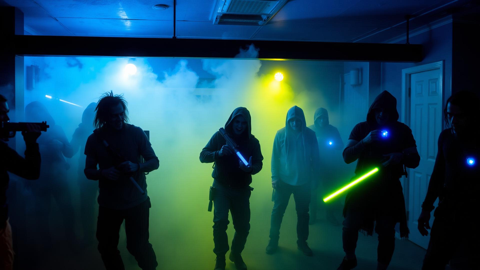 Actores de terror entre humo con luces azules y amarillas