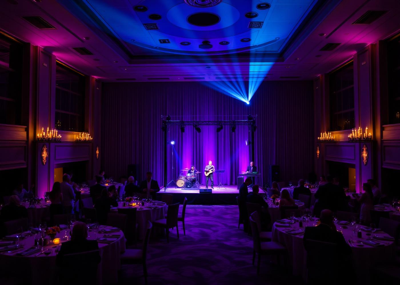 Salón de eventos con banda en vivo e iluminación morada