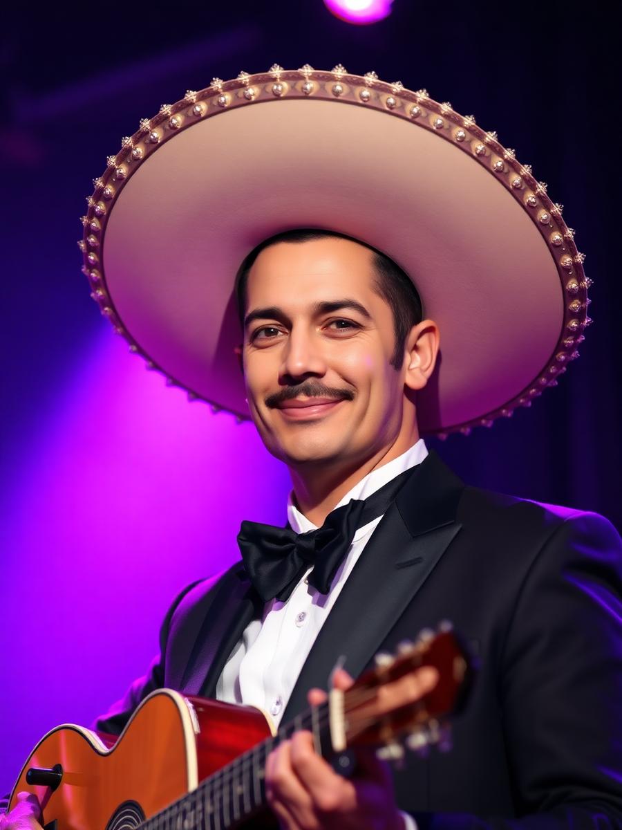 Cantante de mariachi con sombrero y traje bajo luz morada