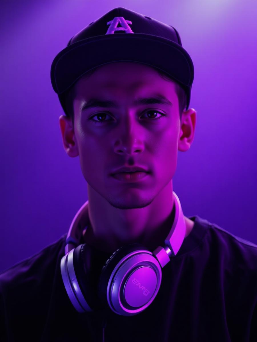DJ joven con audífonos y gorra bajo luz morada