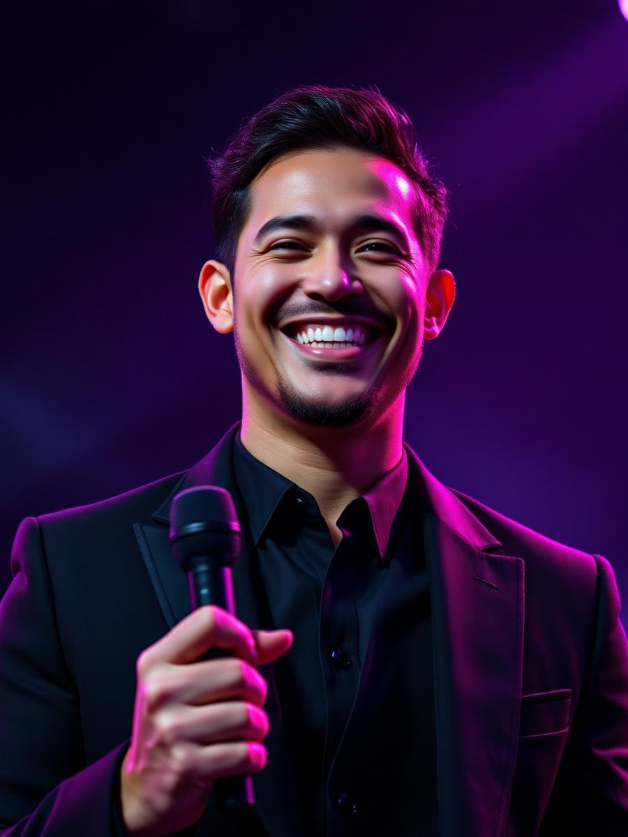 Animador sonriente con micrófono y traje negro