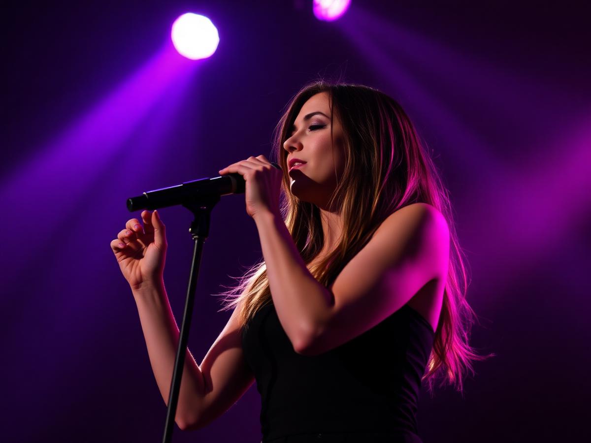 Cantante con micrófono en escenario iluminado de morado