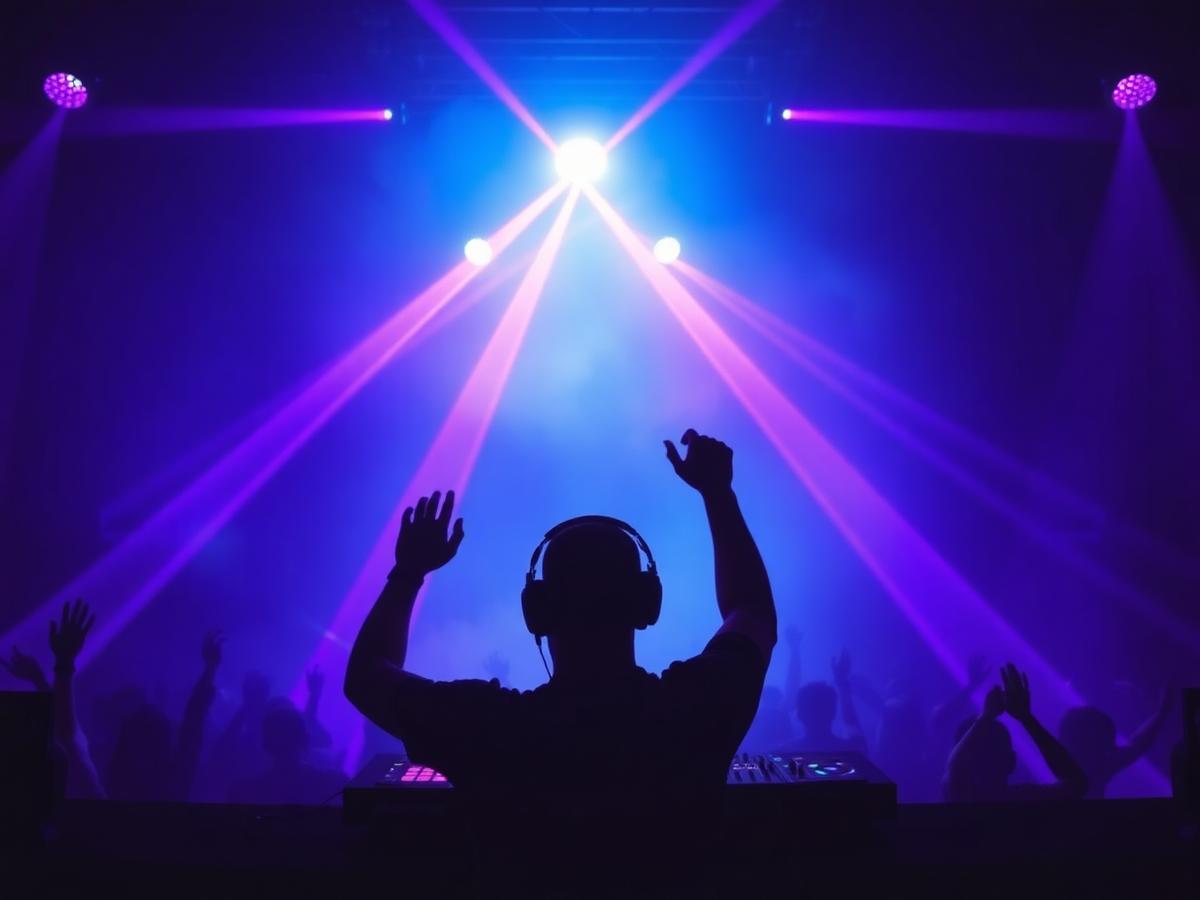 DJ con audífonos frente a una pista con luces moradas